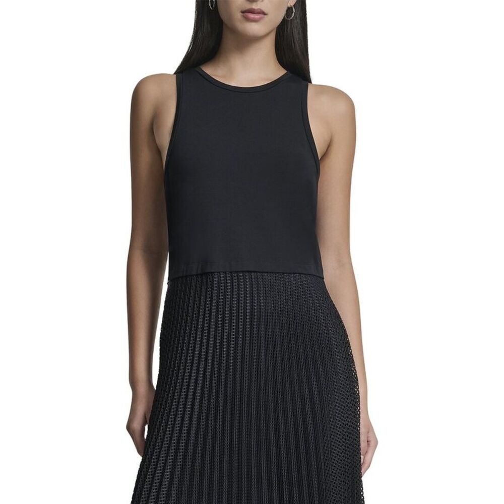Dkny Womens Mix Media Pleated Windowpane Dress, Navy